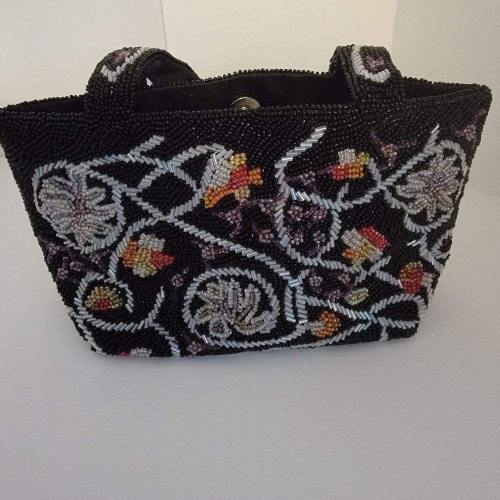 Vintage Christiana Beaded Purse ,  Black with multi color beads